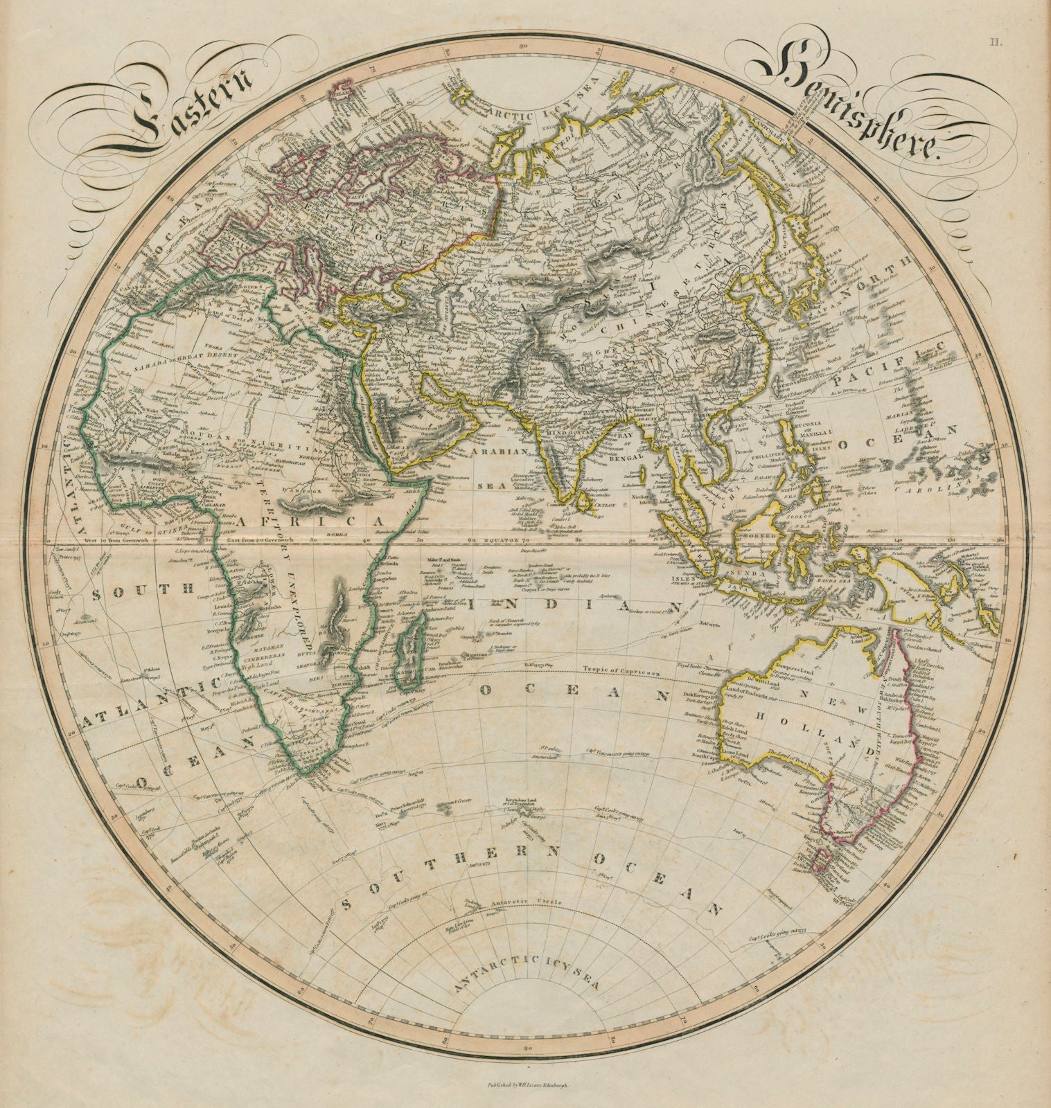 Eastern Hemisphere. New Holland. Cook Gore Vancouver routes. LIZARS 1842 map